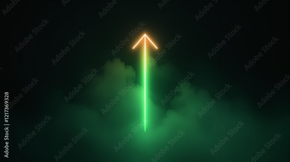 Poster a 3D-rendered scene with a neon arrow pointing upwards through a foggy environment, creating a futuristic and vibrant atmosphere.