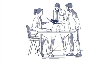 Three professionals engaged in a business discussion at a modern office table with documents