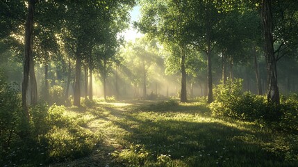 Sunlit forest path, morning mist, nature, serenity, wallpaper