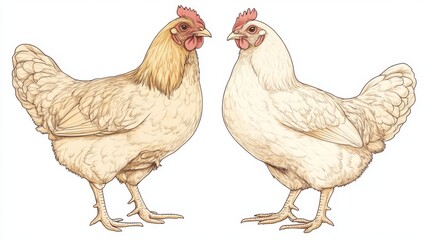 Two detailed illustrations of chickens showcasing their plumage and features