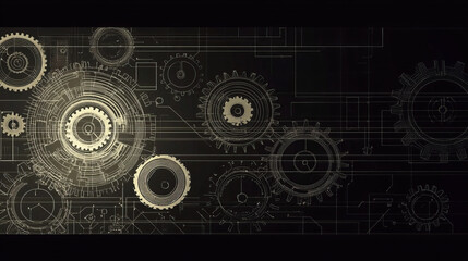 detailed technical drawing of interlocking gears in a mechanical diagram with engineering blueprint style on dark industrial background