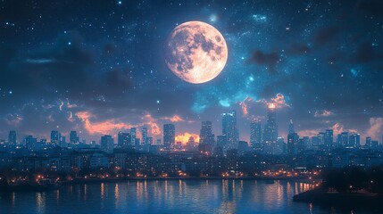 A stunning city skyline under a glowing full moon, surrounded by a starry sky, symbolizing beauty, calm, and urban serenity. Ideal for travel, cityscape, and night photography themes.