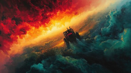 A colorful painting of a truck driving through a stormy sky