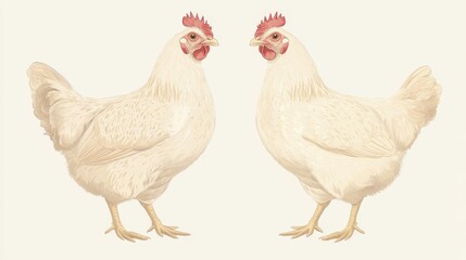 Fototapeta premium Two white chickens standing side by side in a minimalist setting, showcasing their features