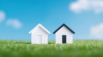Two houses on grassy landscape under clear blue sky illustrating real estate and stock investment comparison