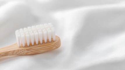 Close-up of a wooden toothbrush with white bristles. the toothbrush is resting on a white fabric background.