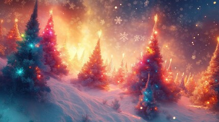 Naklejka premium A Christmas scene with a snowy hill and a row of colorful trees