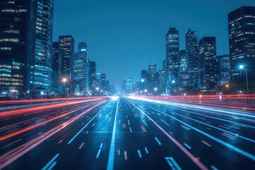 Fototapeta premium Cityscape at night with light trails on busy road, showcasing urban energy