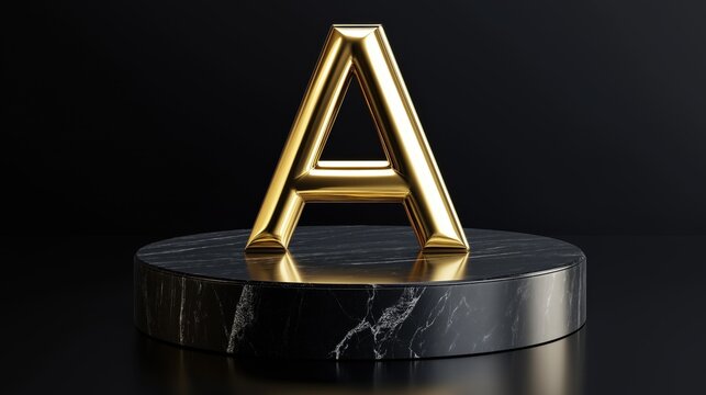 Golden letter A on black marble pedestal, ideal for luxury branding, product showcases, or elegant promotional materials, symbolizing sophistication, prestige, and exclusivity