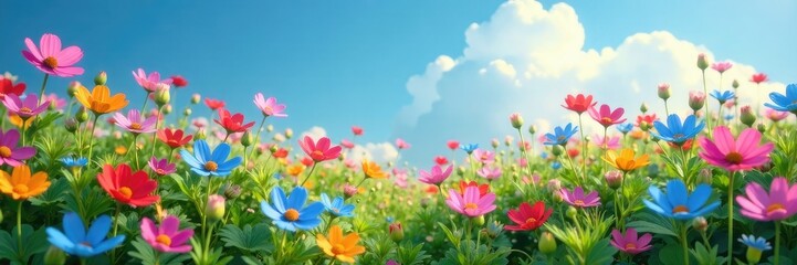 Blue forget me nots surround colorful wildflowers, flower field, bloom, garden blooms