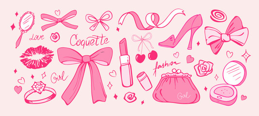 Cute creative hand drawn  elements set, coquette bows, pink bag, shoe, cherry, ring, cosmetic, mirror, flower, rose, decoration vector illustration