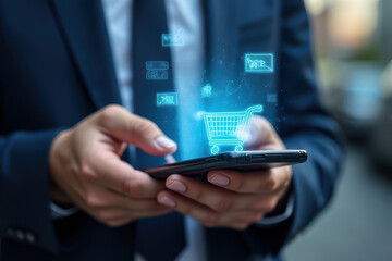 Fototapeta premium businessman using smartphone with glowing shopping cart icon