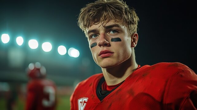 Male football player wearing red uniform standing on the field, stadium lights behind. American football match - Powered by Adobe
