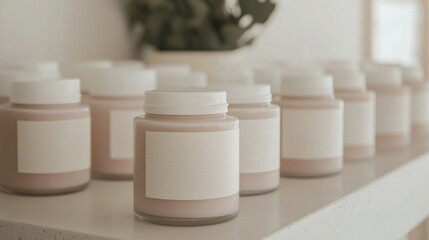 Row of small glass jars with white lids on a white shelf. the jars are arranged in a neat row and appear to be of different sizes and shapes. each jar has a blank white label attached to it.