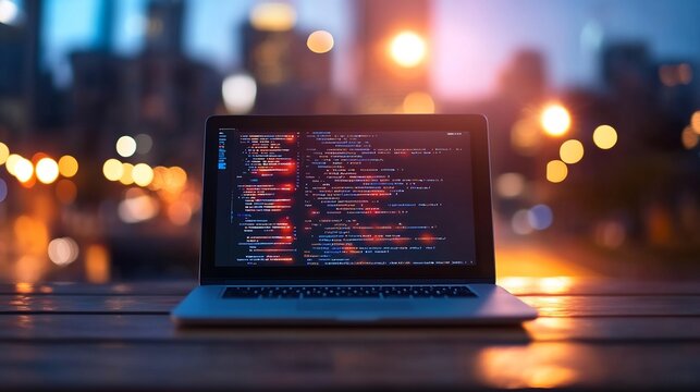Laptop displaying code at sunset with city skyline in the background