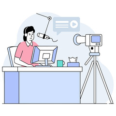 Behind the Scenes with Visionary Creator session concept, Modern Media Makers Reaching Listeners vector design, Slice of life journalism scene Web television series banner vodcast audio blogging stock