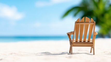 Wooden chair on sandy beach with palm tree and retirement savings plan concept in the background