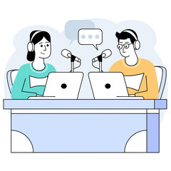 Two creators team up to explore new ideas concept, Candid Conversation vector design, Podcast or slice-of-life journalism scene, Web television series banner, vodcast or audio blogging  illustration