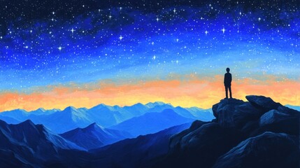 Fototapeta premium Silhouette of a person standing on a mountain peak, gazing at a vibrant starry night sky and a colorful sunset over distant mountain ranges.