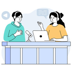 Two podcasters brainstorm and outline upcoming episodes concept, Two Guys One Mic vector design, Podcast slice-of-life journalism scene Web television series banner vodcast audio blogging illustration