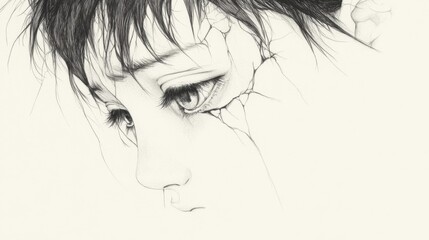 Naklejka premium A close-up of a young person's face with cracks symbolizing emotional distress and fragility