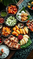 A dessert table featuring Kue Lapis Legit, tropical fruits, and other Indonesian treats, styled with batik fabric