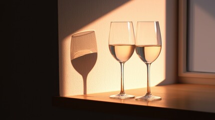 Two wine glasses on a wooden shelf next to a window. the glasses are filled with a light-colored liquid, likely wine, and are facing each other.