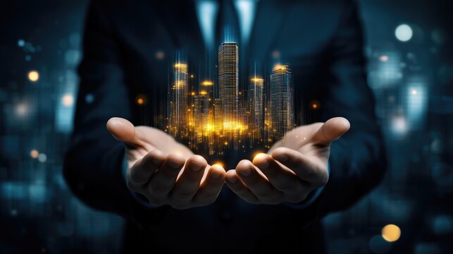 Close up of businessman hand holding glowing buildings on blurry background, Real Estate concept, Technology, innovation and communication concept, generative ai
