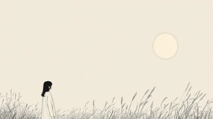 Obraz premium A serene figure stands in a field of tall grass, gazing at a large sun on the horizon