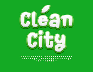 Vector Ecologic template Clean City. Bright White and Green Font. Artistic Alphabet Letters and Numbers set.