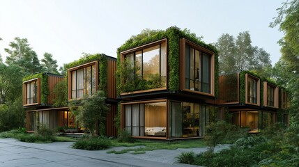 Fototapeta premium A row of houses with green plants growing on the side