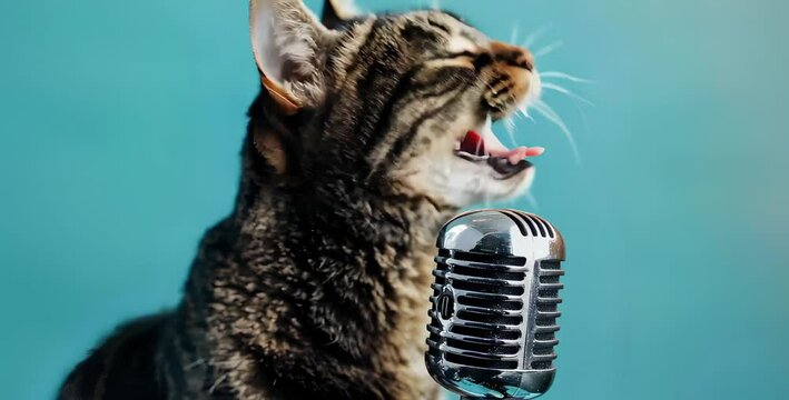 Close-up of cat singing into microphone