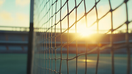 view of a goalpost and net in an empty football stadium with the sun rising behind the stands 