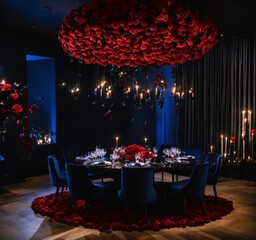 A romantic candlelit dinner for two with roses and soft lighting