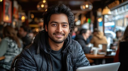 Fototapeta premium Smiling young man using a laptop in a cozy café setting, surrounded by a lively atmosphere with soft blurred lights in the background.