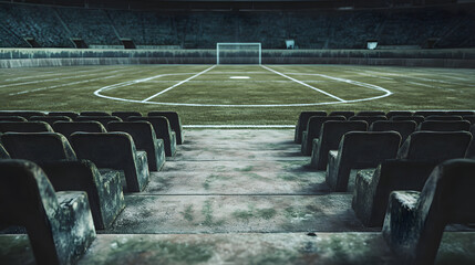 football stadium with a focus on the central circle of the field, framed by symmetrical empty seating 