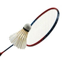 a shuttlecock striking the strings of a racket during a smash, isolated white background,badminton, shuttlecock, racket, strings, smash, motion, close-up, sports, game, action, tension, 