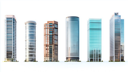 Set of tall modern office buildings isolated on white background