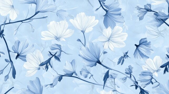 Soft blue floral pattern with delicate flowers and branches.