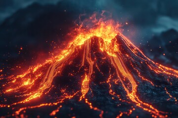 Volcano with technological and digital lava, creating a techno volcano with vibrant and futuristic visuals