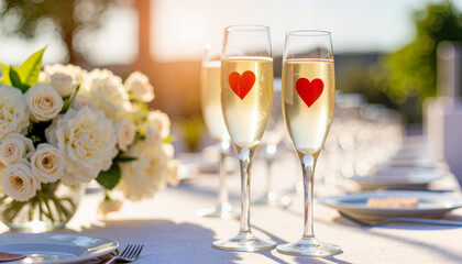 Champagne flutes with heart patterns on wedding reception table, celebration