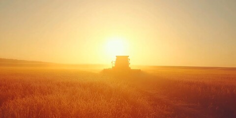Fototapeta premium Sunrise harvest Combine harvester in golden wheat field. Agricultural background