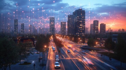 Fototapeta premium A city street at night with many cars and tall buildings