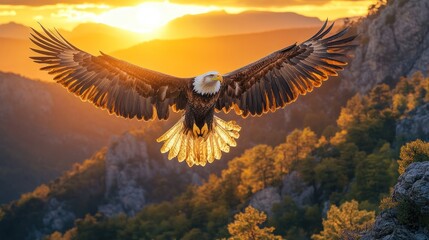 Obraz premium Majestic bald eagle in flight at sunset over mountains.