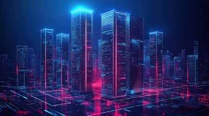 Fototapeta premium A cityscape with buildings lit up in neon colors