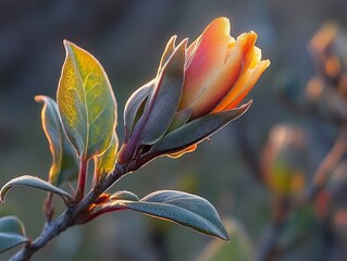 Obraz premium Sunrise illuminates orange flower bud, garden background, nature photography, website banner