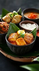 Rendang paired with ketupat rice cakes wrapped in woven palm leaves for a traditional festive meal