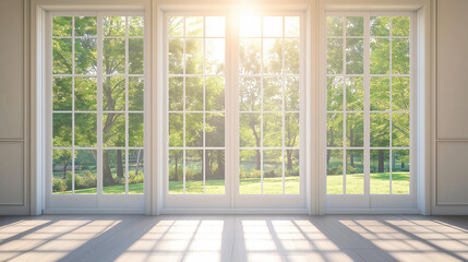 The empty, light-filled room with a large window offers a contemporary interior design featuring wooden floors and a view of the garden