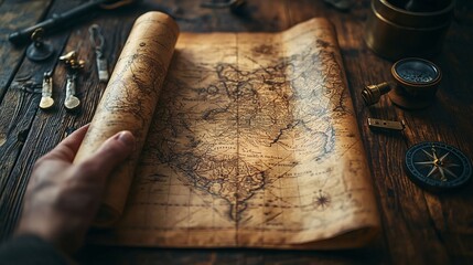 vintage world map on wooden table with exploration tools