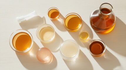 Group of small glass bowls and a jar of honey on a white wooden surface. there are six bowls in total, each containing a different type of honey.